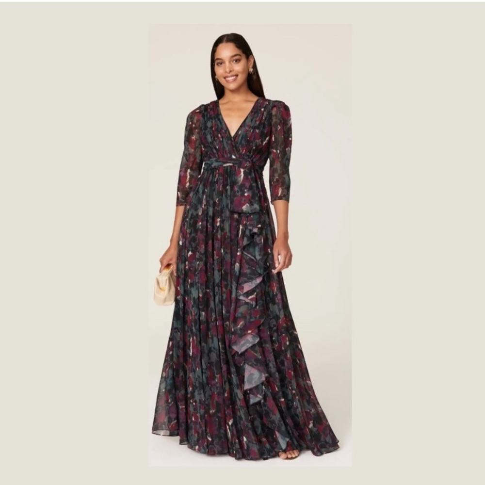 Badgley‎ Mischka Pleated Floral Gown Size 4 Gray Black Burgundy formal wedding